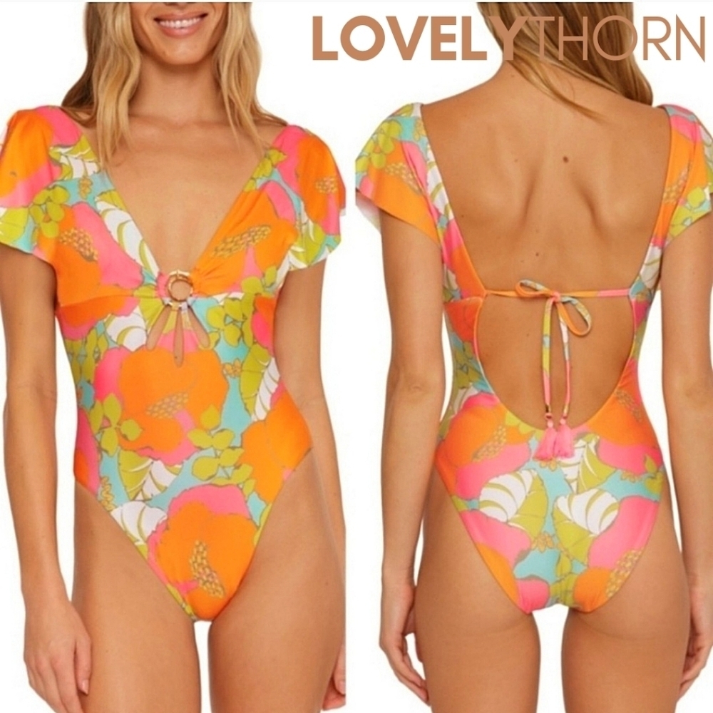 TRINA TURK // ltd ed playa de flor flutter sleeve cut-out 1 piece swim/bodysuit - Picture 7 of 12